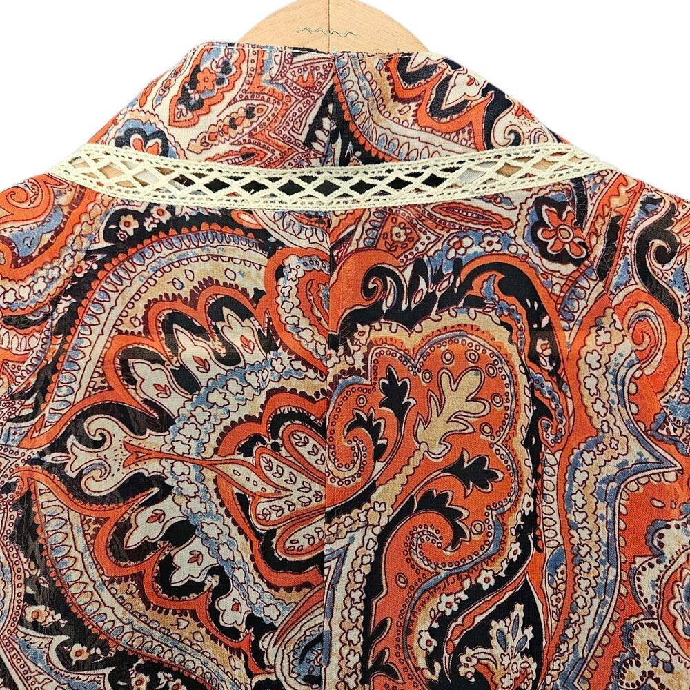 Miss Me Boho Style Paisley Print Open Front Cardigan Fringe Hem Festival Small - Picture 7 of 14